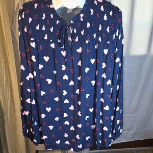Navy Blouse with Heart Print
